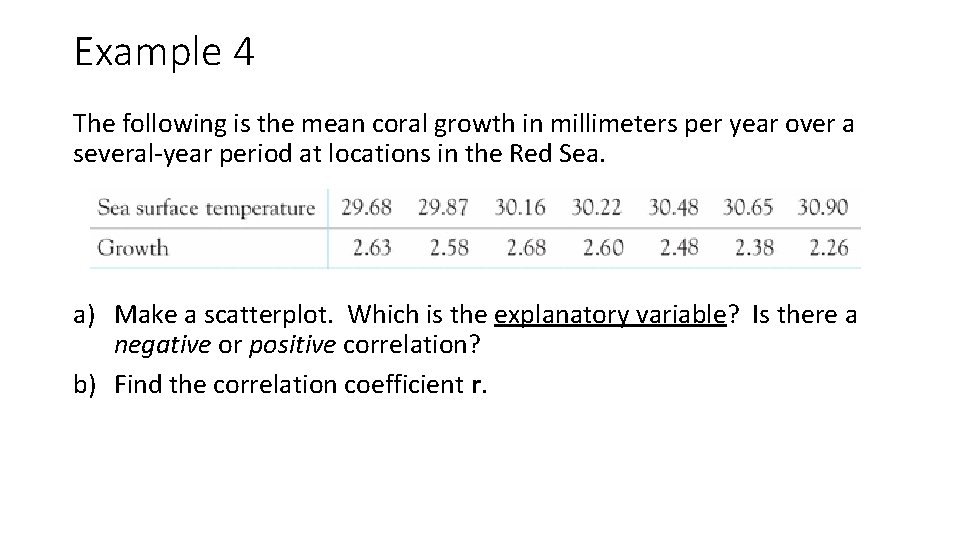 Example 4 The following is the mean coral growth in millimeters per year over