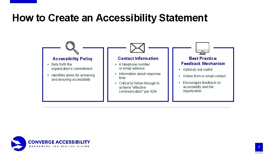 How to Create an Accessibility Statement Accessibility Policy Contact Information Best Practice: Feedback Mechanism