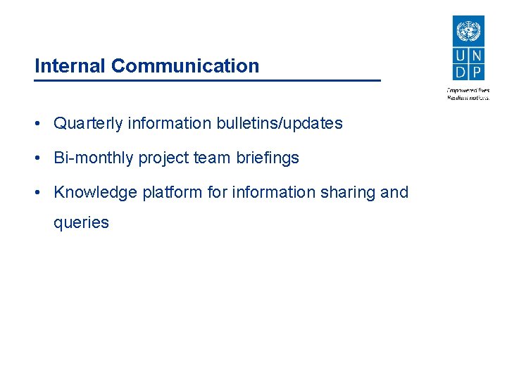 Internal Communication • Quarterly information bulletins/updates • Bi-monthly project team briefings • Knowledge platform