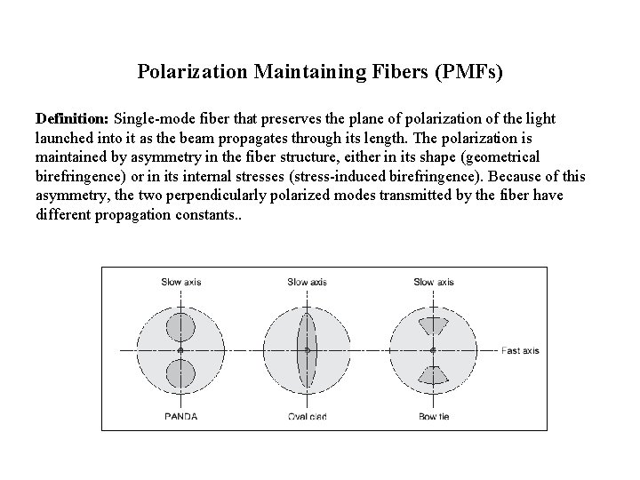 Polarization Maintaining Fibers (PMFs) Definition: Single-mode fiber that preserves the plane of polarization of