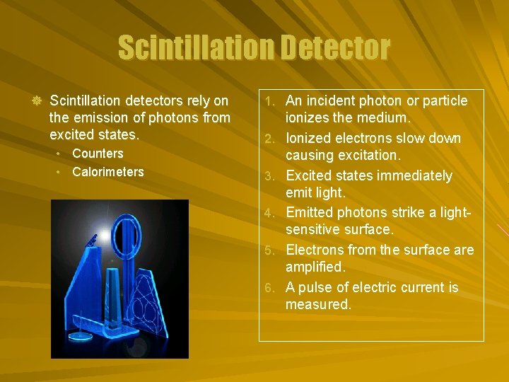 Scintillation Detector ] Scintillation detectors rely on the emission of photons from excited states.