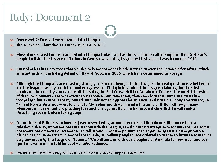 Italy: Document 2: Fascist troops march into Ethiopia The Guardian, Thursday 3 October 1935