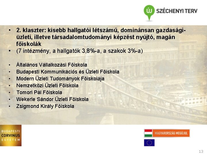  • 2. klaszter: kisebb hallgatói létszámú, dominánsan gazdaságiüzleti, illetve társadalomtudományi képzést nyújtó, magán