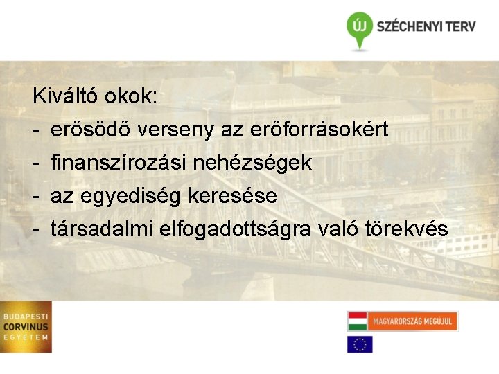 Kiváltó okok: - erősödő verseny az erőforrásokért finanszírozási nehézségek az egyediség keresése társadalmi elfogadottságra