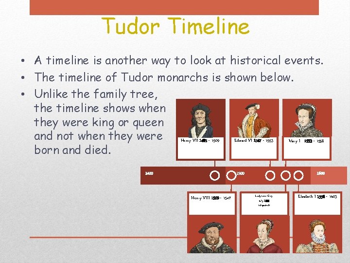Tudor Timeline • A timeline is another way to look at historical events. •