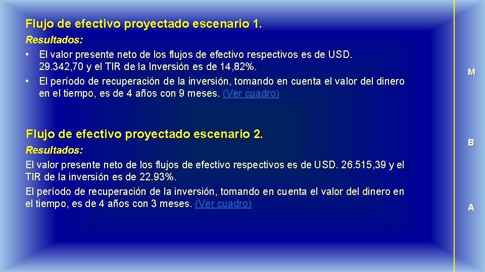 Flujo de efectivo proyectado escenario 1. Resultados: • El valor presente neto de los