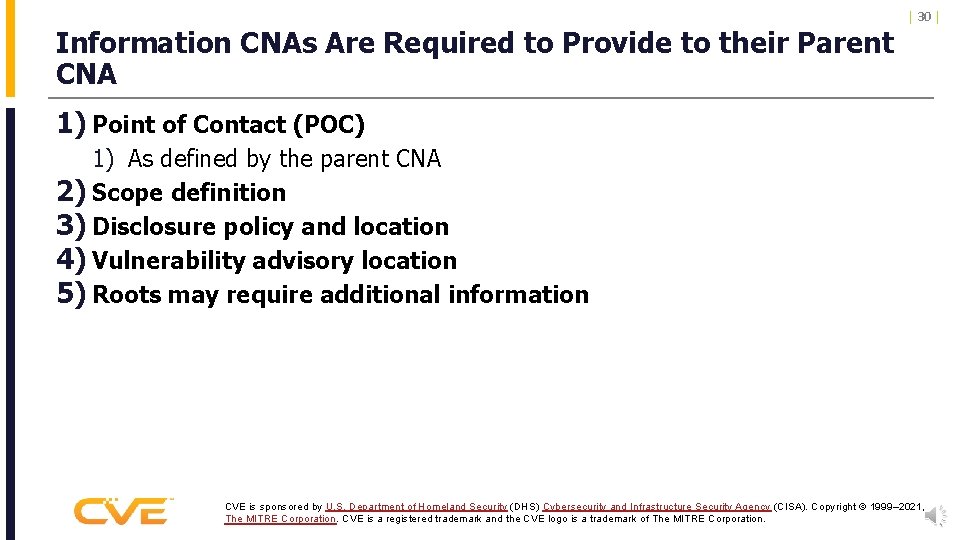 Information CNAs Are Required to Provide to their Parent CNA | 30 | 1)