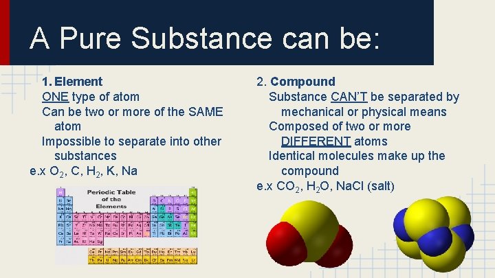 A Pure Substance can be: 1. Element ONE type of atom Can be two