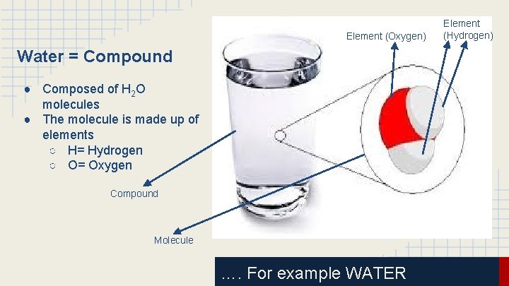 Element (Oxygen) Water = Compound ● Composed of H 2 O molecules ● The