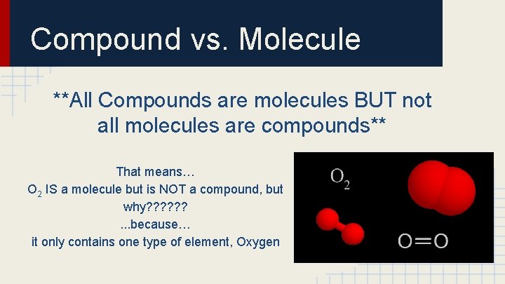 Compound vs. Molecule **All Compounds are molecules BUT not all molecules are compounds** That