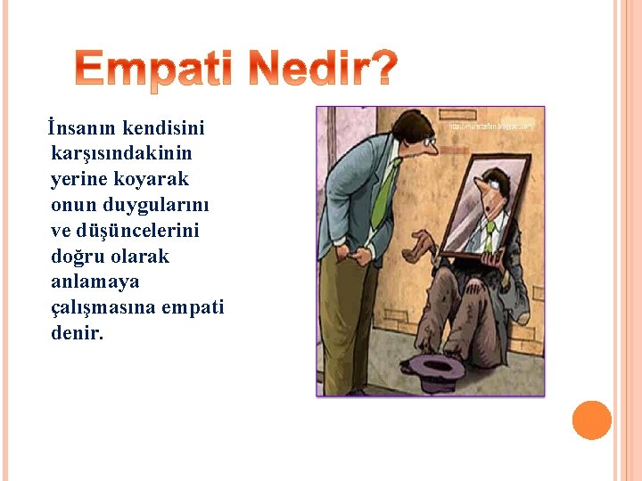 İnsanın kendisini karşısındakinin yerine koyarak onun duygularını ve düşüncelerini doğru olarak anlamaya çalışmasına empati