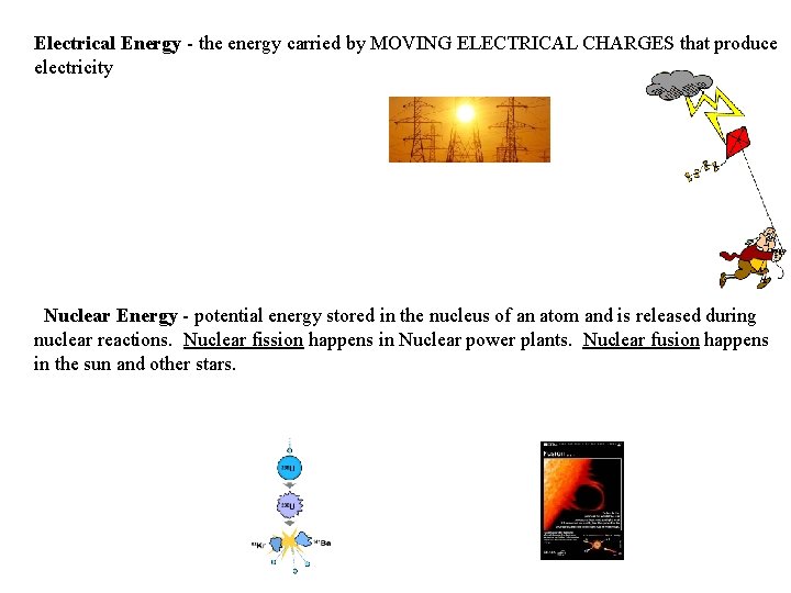 Electrical Energy - the energy carried by MOVING ELECTRICAL CHARGES that produce electricity Nuclear