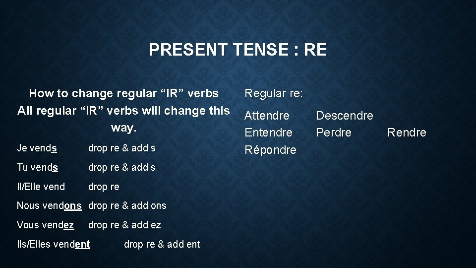 PRESENT TENSE : RE How to change regular “IR” verbs All regular “IR” verbs