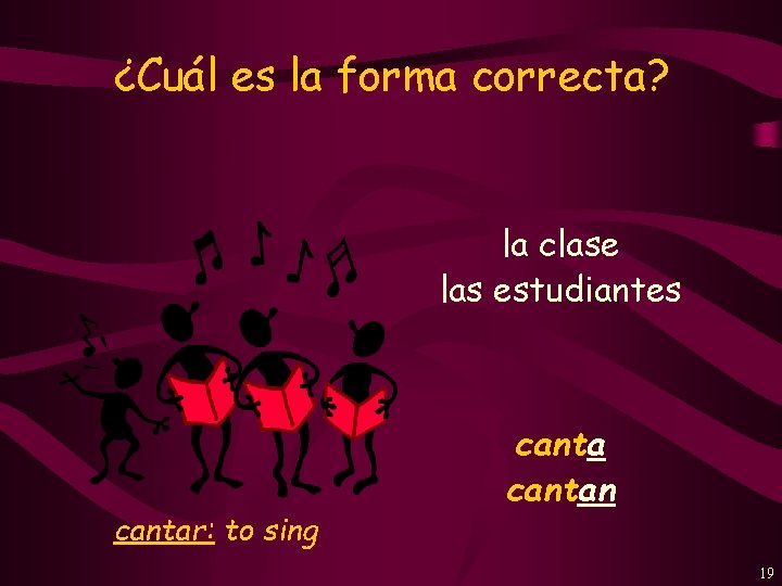 ¿Cuál es la forma correcta? la clase las estudiantes cantar: to sing cantan 19