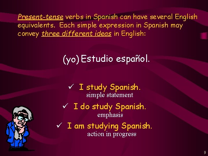 Present-tense verbs in Spanish can have several English equivalents. Each simple expression in Spanish