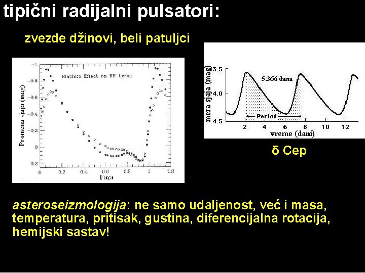 tipični radijalni pulsatori: zvezde džinovi, beli patuljci δ Cep asteroseizmologija: ne samo udaljenost, već