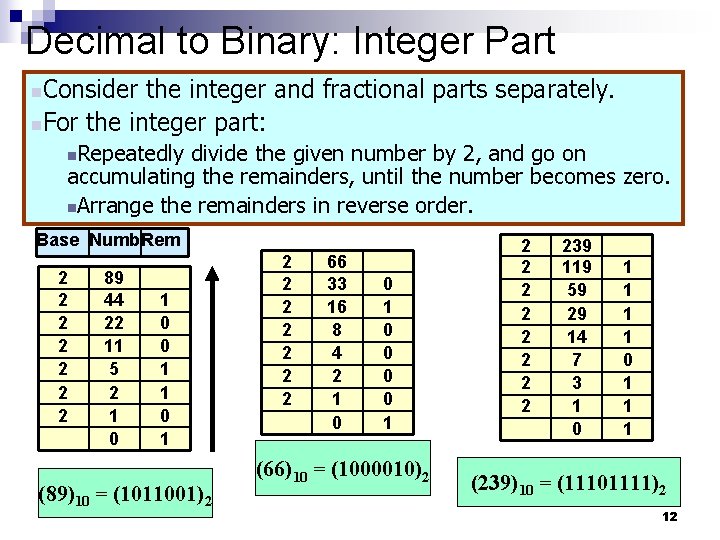 Decimal to Binary: Integer Part Consider the integer and fractional parts separately. n. For Decimal to Binary: Integer Part Consider the integer and fractional parts separately. n. For