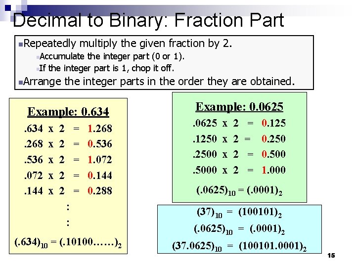 Decimal to Binary: Fraction Part Repeatedly multiply the given fraction by 2. n Accumulate Decimal to Binary: Fraction Part Repeatedly multiply the given fraction by 2. n Accumulate