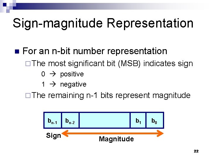 Sign-magnitude Representation n For an n-bit number representation ¨ The most significant bit (MSB) Sign-magnitude Representation n For an n-bit number representation ¨ The most significant bit (MSB)