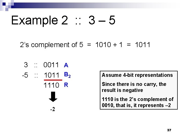 Example 2 : : 3 – 5 2’s complement of 5 = 1010 + Example 2 : : 3 – 5 2’s complement of 5 = 1010 +