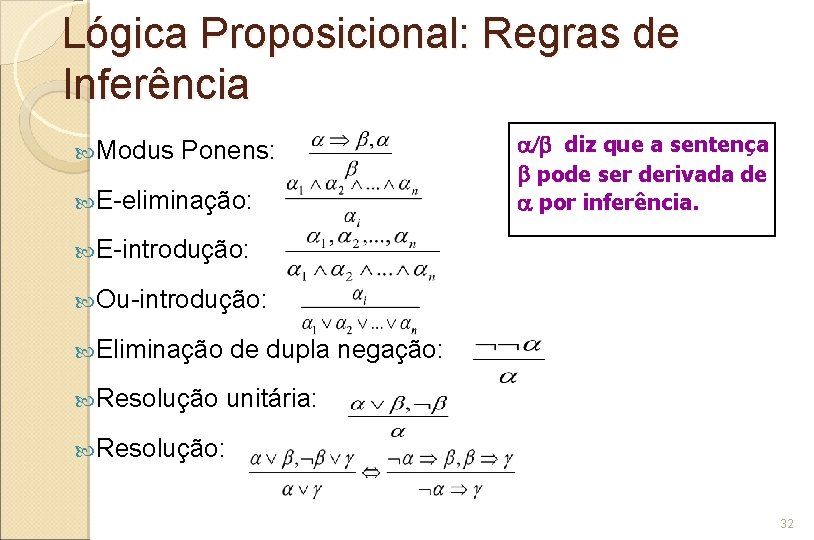 Lógica Proposicional: Regras de Inferência Modus Ponens: E-eliminação: a/b diz que a sentença b