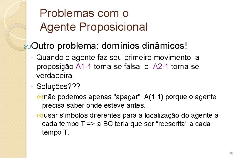 Problemas com o Agente Proposicional Outro problema: domínios dinâmicos! ◦ Quando o agente faz