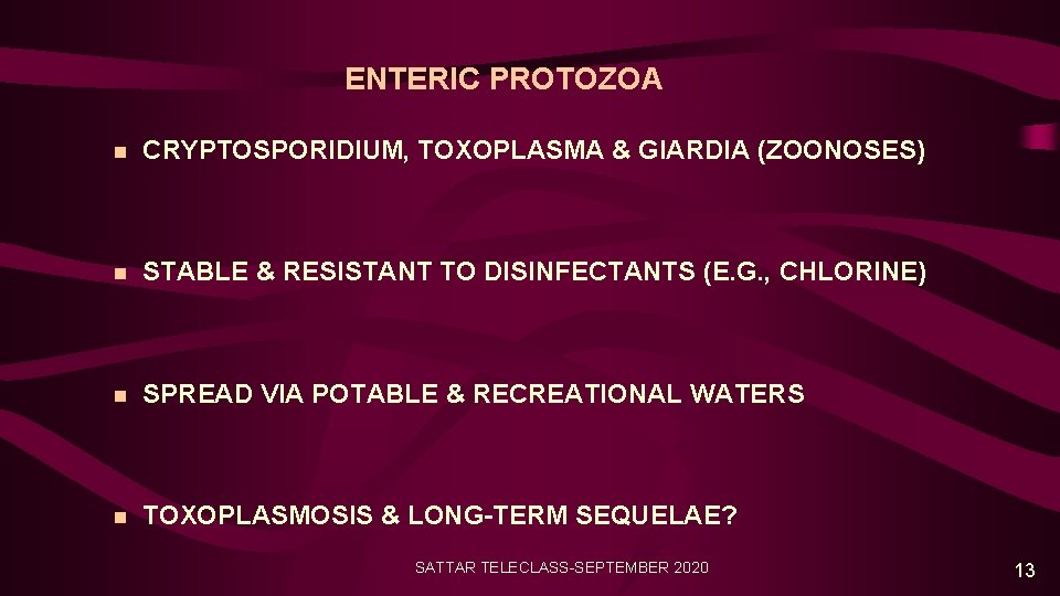 ENTERIC PROTOZOA n CRYPTOSPORIDIUM, TOXOPLASMA & GIARDIA (ZOONOSES) n STABLE & RESISTANT TO DISINFECTANTS