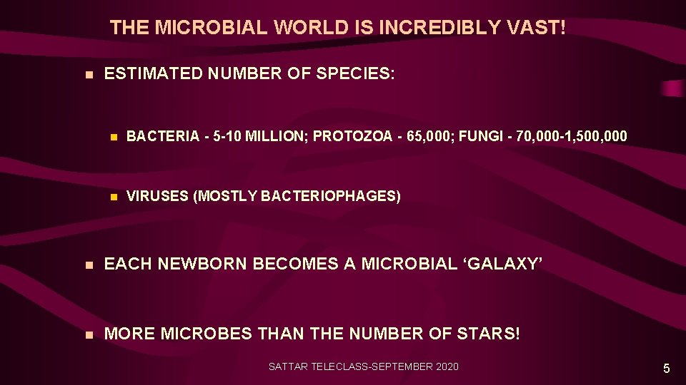 THE MICROBIAL WORLD IS INCREDIBLY VAST! n ESTIMATED NUMBER OF SPECIES: n BACTERIA -