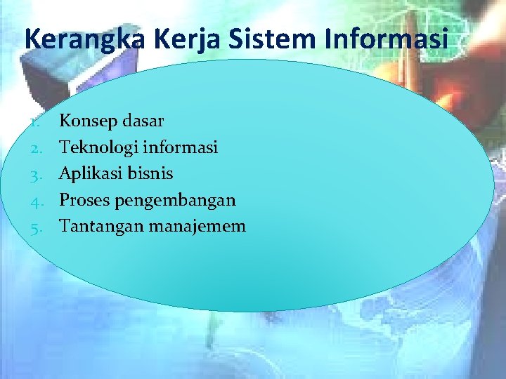 Kerangka Kerja Sistem Informasi 1. 2. 3. 4. 5. Konsep dasar Teknologi informasi Aplikasi