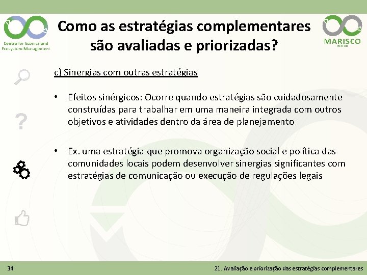 Como as estratégias complementares são avaliadas e priorizadas? c) Sinergias com outras estratégias ?