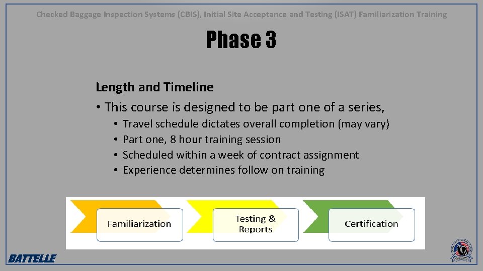 Checked Baggage Inspection Systems (CBIS), Initial Site Acceptance and Testing (ISAT) Familiarization Training Phase