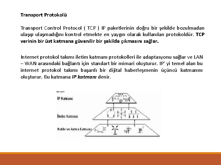 Transport Protokolü Transport Control Protocol ( TCP ) IP paketlerinin doğru bir şekilde bozulmadan