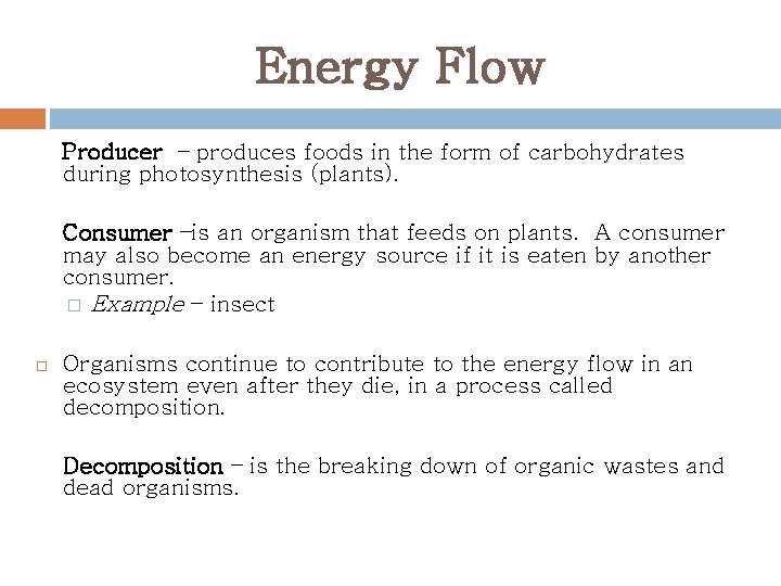 Energy Flow Producer – produces foods in the form of carbohydrates during photosynthesis (plants).