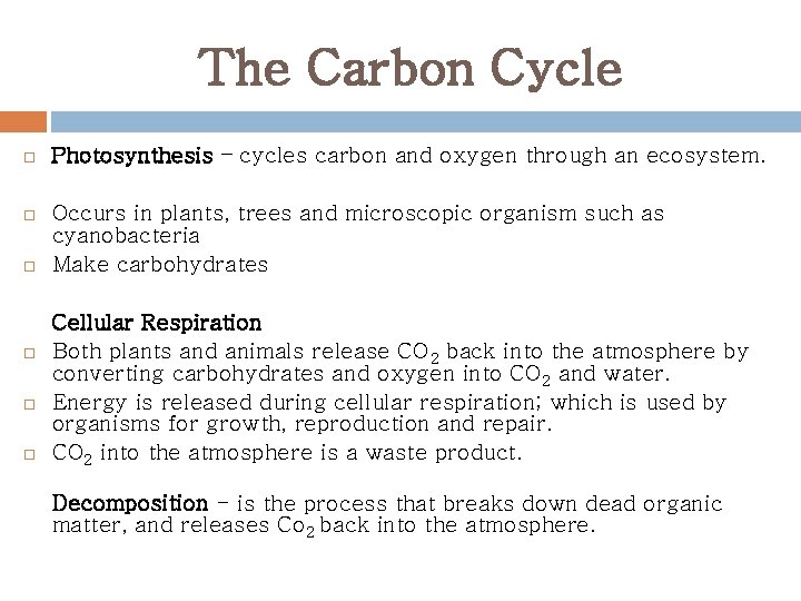 The Carbon Cycle Photosynthesis – cycles carbon and oxygen through an ecosystem. Occurs in