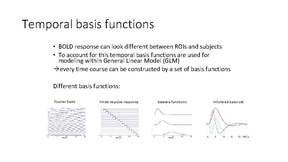 Temporal basis functions • BOLD response can look different between ROIs and subjects •