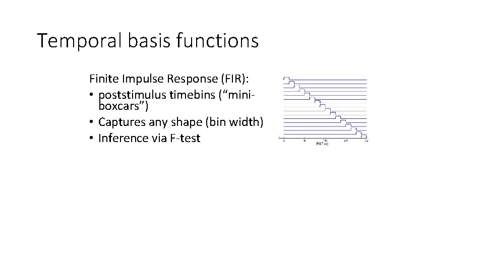 Temporal basis functions Finite Impulse Response (FIR): • poststimulus timebins (“miniboxcars”) • Captures any