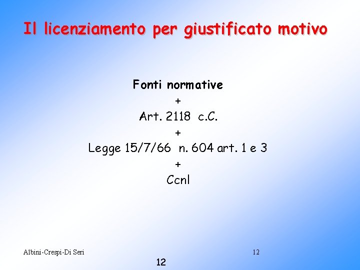 Il licenziamento per giustificato motivo Fonti normative + Art. 2118 c. C. + Legge