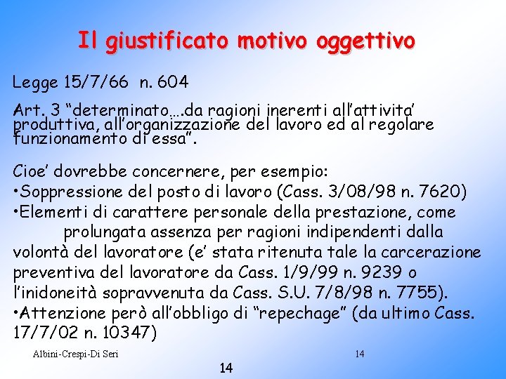 Il giustificato motivo oggettivo Legge 15/7/66 n. 604 Art. 3 “determinato…. da ragioni inerenti