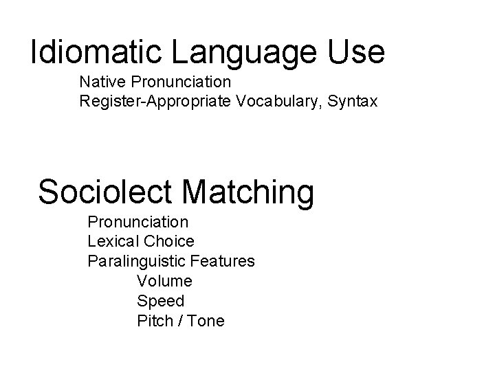 Idiomatic Language Use Native Pronunciation Register-Appropriate Vocabulary, Syntax Sociolect Matching Pronunciation Lexical Choice Paralinguistic