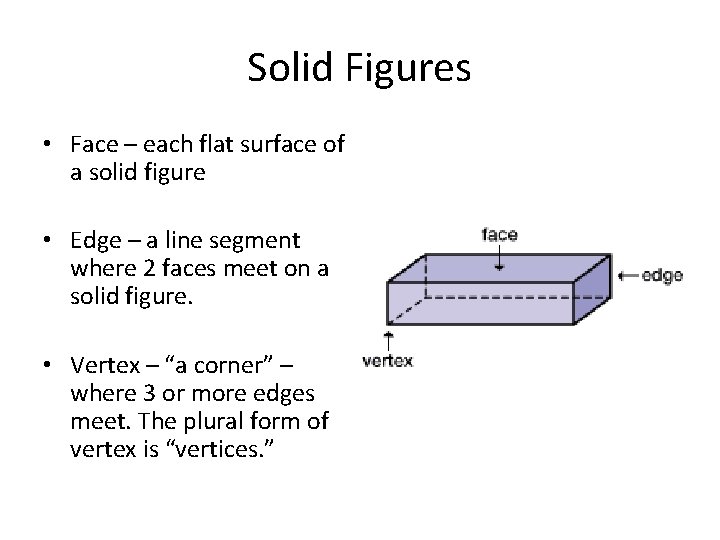 Solid Figures • Face – each flat surface of a solid figure • Edge