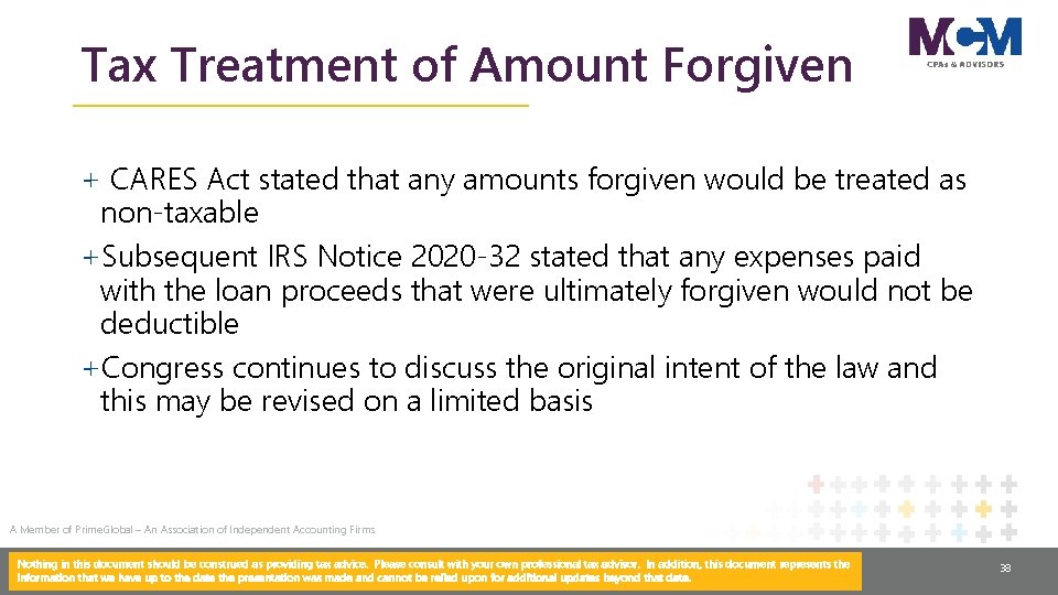 Tax Treatment of Amount Forgiven + CARES Act stated that any amounts forgiven would