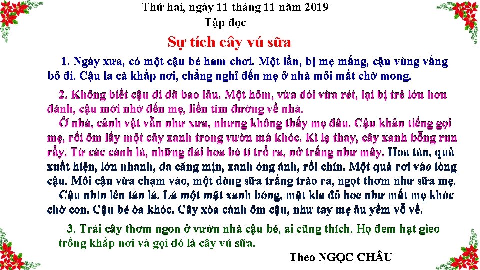 Thứ hai, ngày 11 tháng 11 năm 2019 Tập đọc Sự tích cây vú