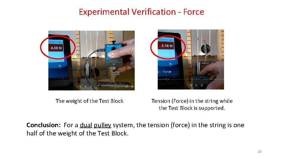 Experimental Verification - Force The weight of the Test Block Tension (Force) in the