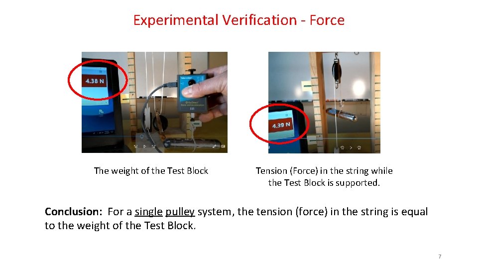 Experimental Verification - Force The weight of the Test Block Tension (Force) in the