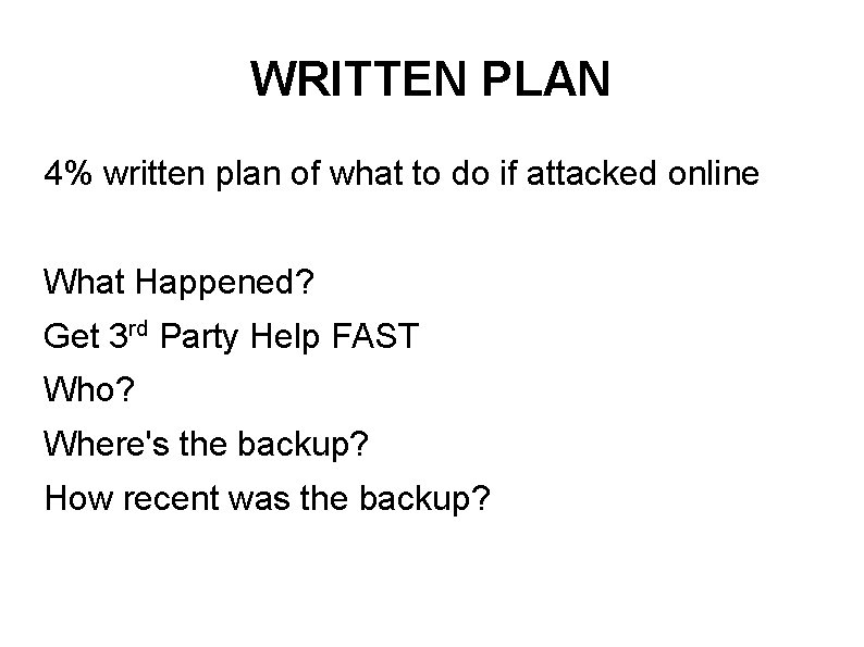 WRITTEN PLAN 4% written plan of what to do if attacked online What Happened?