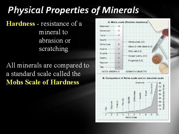 Physical Properties of Minerals Hardness - resistance of a mineral to abrasion or scratching