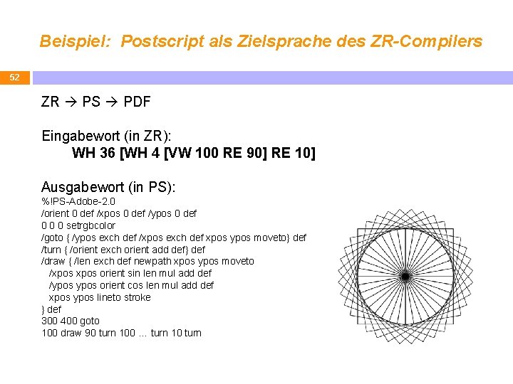 Beispiel: Postscript als Zielsprache des ZR-Compilers 52 ZR PS PDF Eingabewort (in ZR): WH