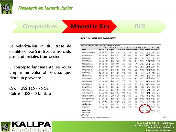 Comparables Mineral In Situ DCF La valorización In situ trata de establecer parámetros de