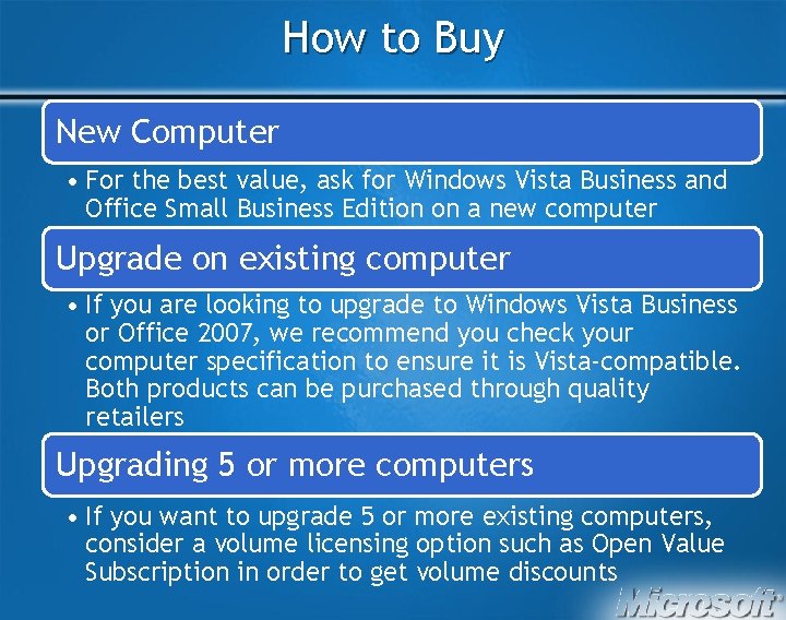 How to Buy New Computer • For the best value, ask for Windows Vista