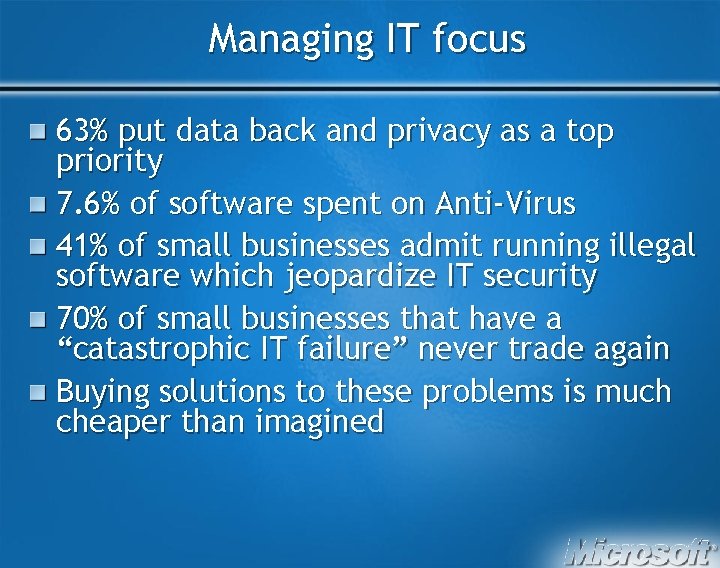 Managing IT focus 63% put data back and privacy as a top priority 7.